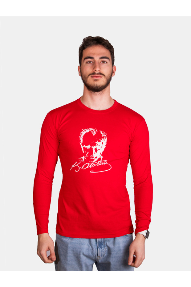 Unisex Cotton Pack Standard Cut Crew Neck Long Sleeve White Ataturk Printed T-Shirt