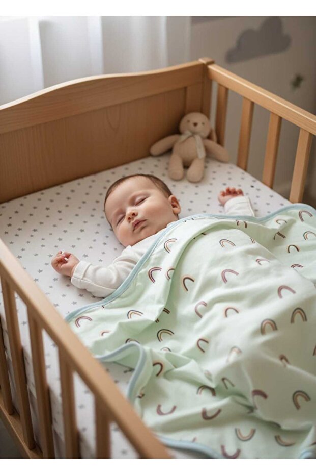 Cotton Soft Double Layer Combed Cotton Girl-Boy Newborn-Baby Swaddle Blanket Mint/Rainbow