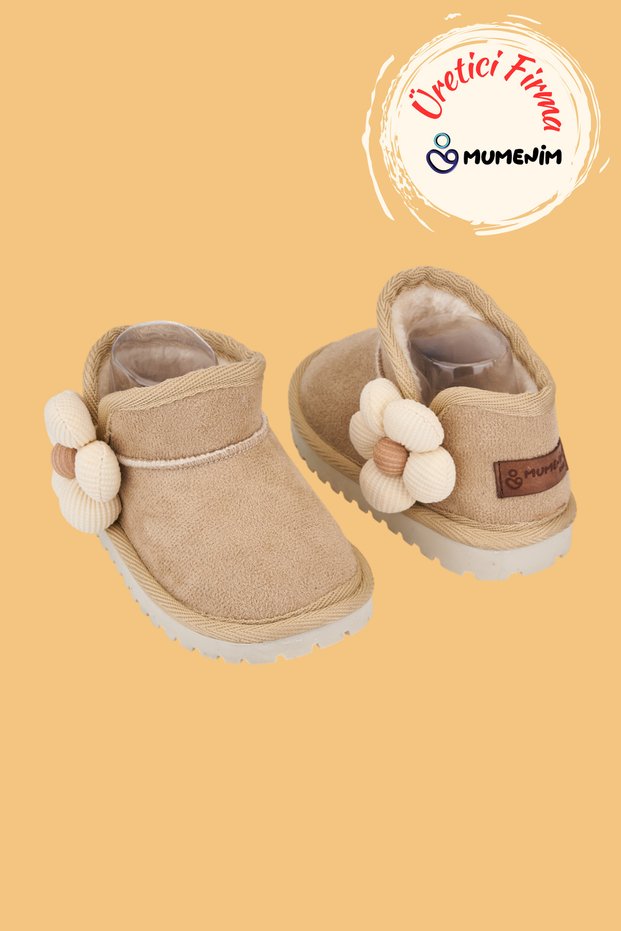 Minto Girl's and Baby's Beige Boots - Suede Orthopedic Non-Slip Sole Winter Snow Boots with Fur and Flower Figures