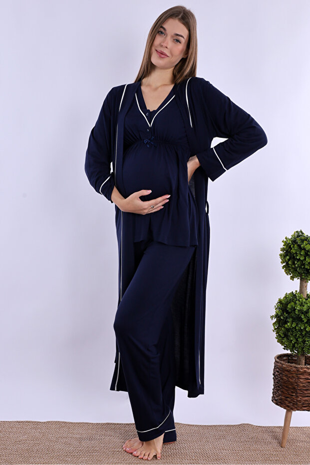 Effortt Navy Blue Maternity Pajama Set with Dressing Gown