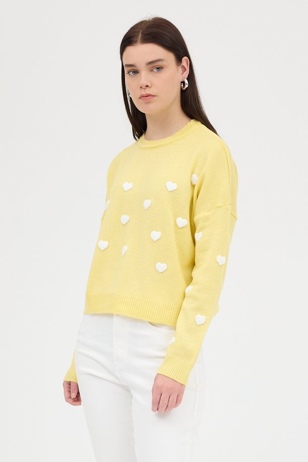 Yellow Heart Embroidered Crew Neck Crop Sweater 2337