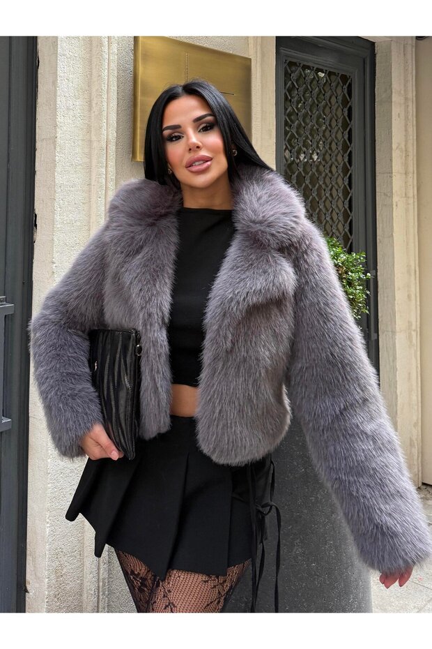 Anthracite Shawl Collar Fur Coat – Plush Appearance, Soft Texture, Stylish and Warm Winter Coat 7585