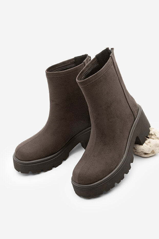 Women's Back Zipper Thick Heeled Bitter Brown Daily Boots Lofani Brown Suede
