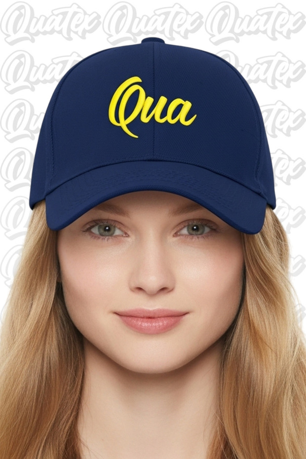 Qua Embroidered Hat – Navy Blue 100% Cotton Gabardine Unisex Model