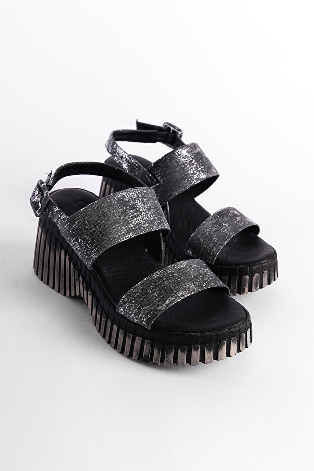 Genuine Leather Denim Double Strapped Wedge Heel Women's Sandals