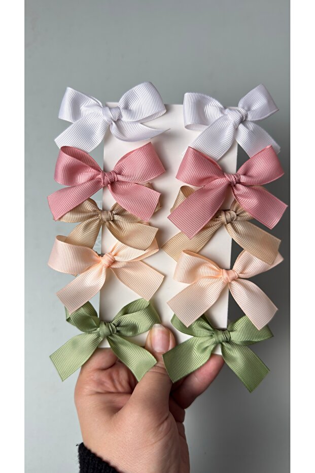 Sof Tonlar Ribbon Bow 10 Pieces 3 cm Metal Buckle (Green, Dusty Rose, Olive, Orange, White)