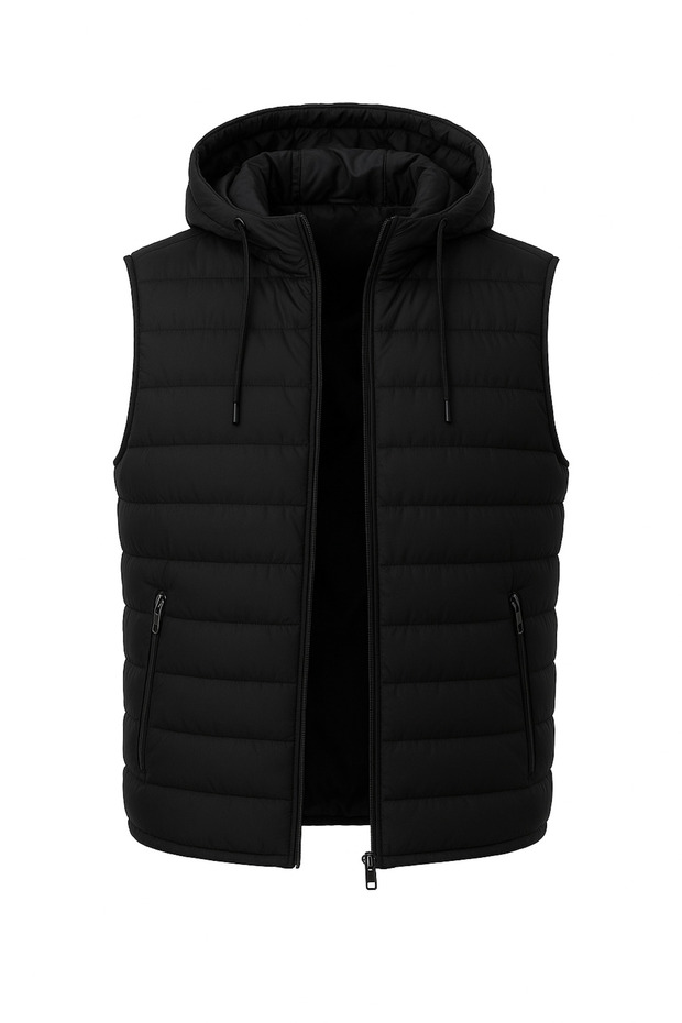 Men's Black Standard Fit Detachable Hooded Zippered Puffer Vest with Pockets