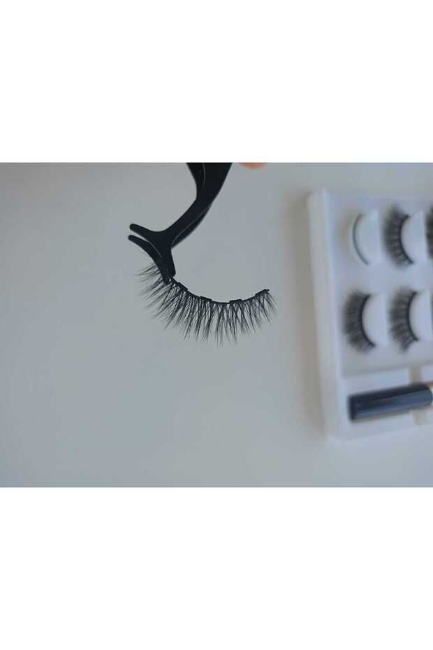 Manyetik Kirpik Mıknatıslı Kirpik Gerçek Görünümlü 3 Çift Eyeliner Cımbız Seti Takma Kiprik - 7