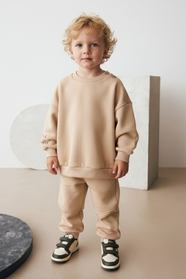 Embroidery Detailed Baby Boy Top and Bottom Tracksuit Set Latte Brown