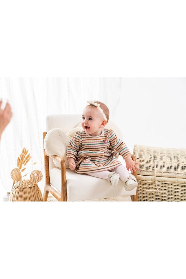 Pompom Striped Crew Neck Long Sleeve Baby Girl Ribbed Dress