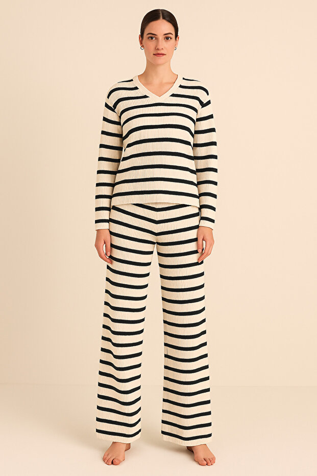 Women's Black and White Striped V-Neck Ribbed Knit Bottom-Top Set