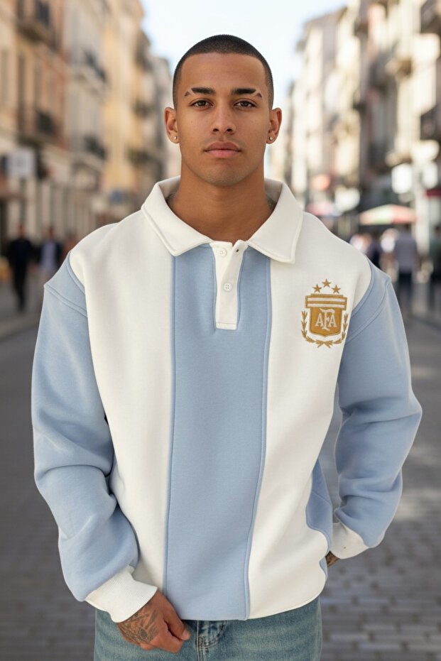 Düğmeli Yaka Oversize Unisex Premium Sweatshirt - 1