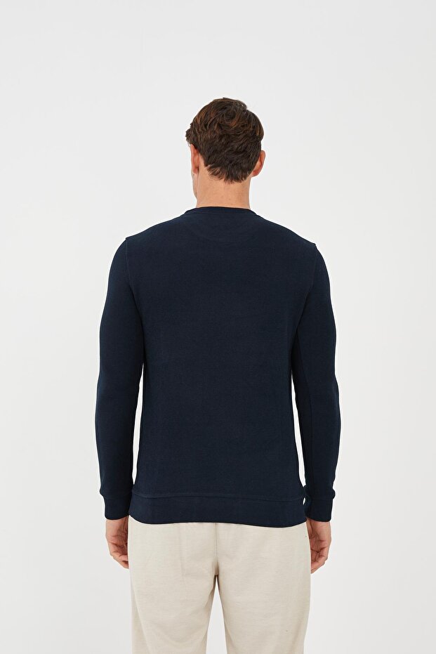 Men's Crew Neck Patterned Long Basic Sweatshirt Navy - 5