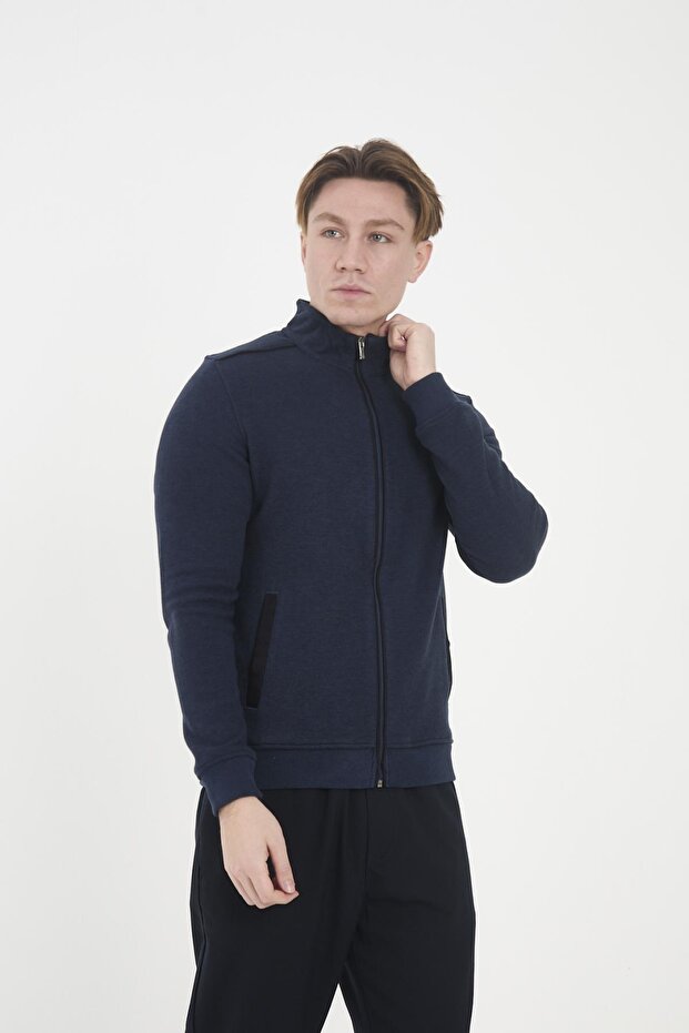 Erkek PeakLayer Fermuarlı Cepli Basic Kışlık Mavi Sweatshirt - 2