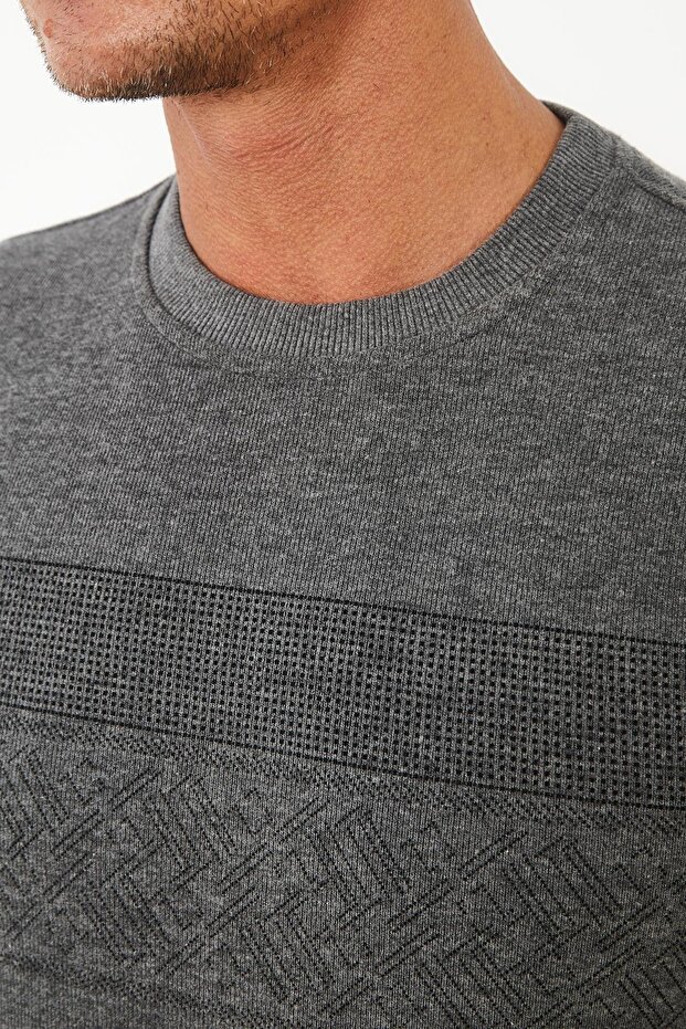 Men's Crew Neck Patterned Long Basic Sweatshirt Gray - 4