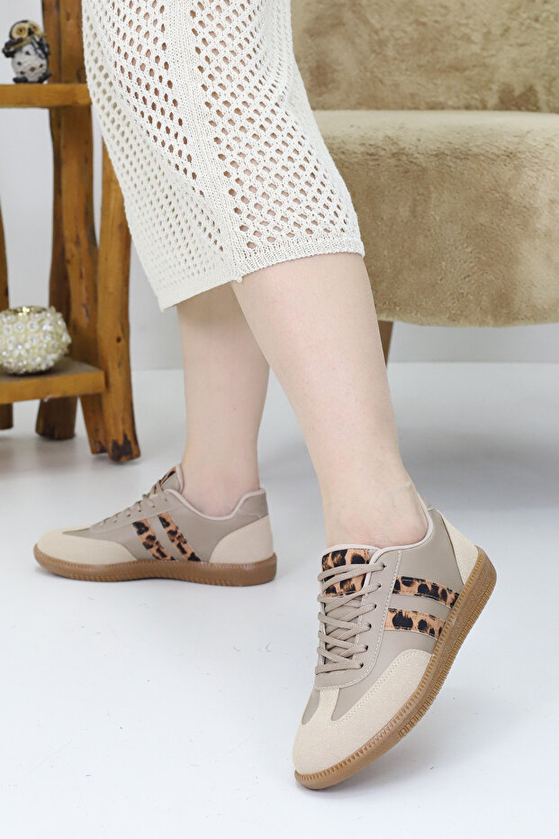 Beige Leopard Detailed Women's Sneakers – Casual and Comfortable Sole