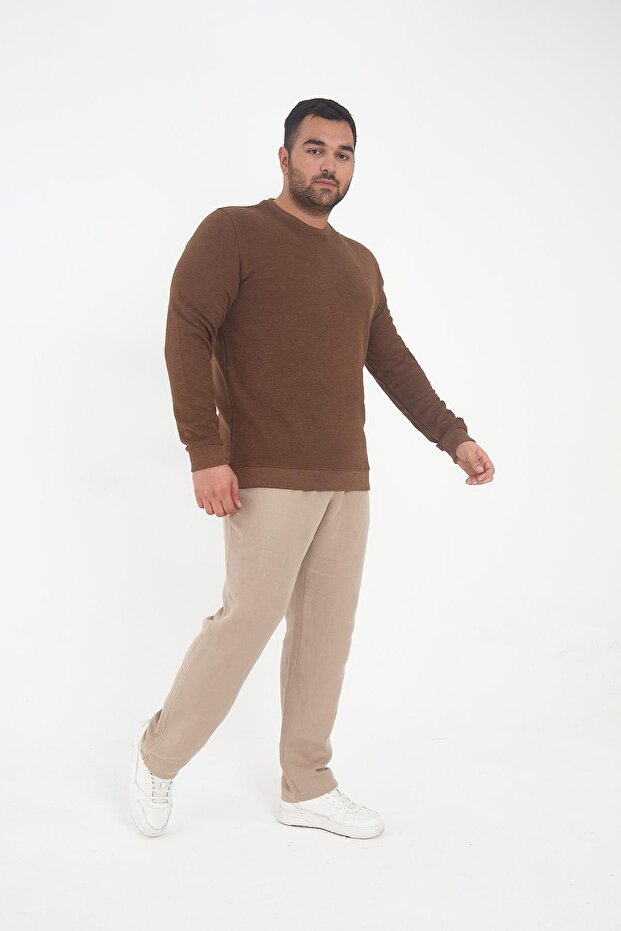 Men's Winter Crew Neck Oversized Basic Brown Sweatshirt - 3
