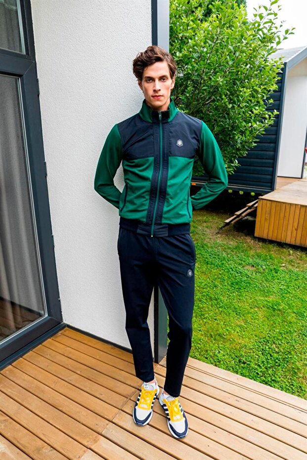 Men's Two Thread Fabric Sl Slim Fit Ar Leg Green Zippered Tracksuit Set - 7664
