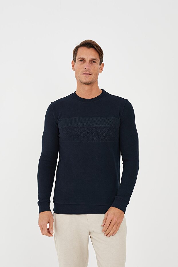 Men's Crew Neck Patterned Long Basic Sweatshirt Navy - 2