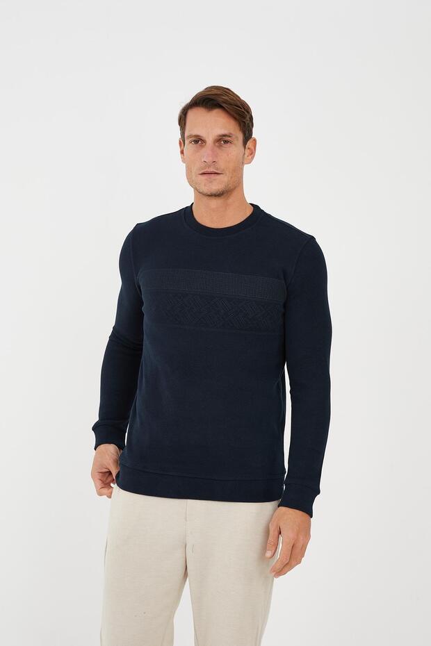 Men's Crew Neck Patterned Long Basic Sweatshirt Navy - 1