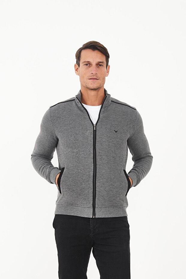 Erkek PeakLayer Fermuarlı Cepli Basic Kışlık Gri Sweatshirt - 1