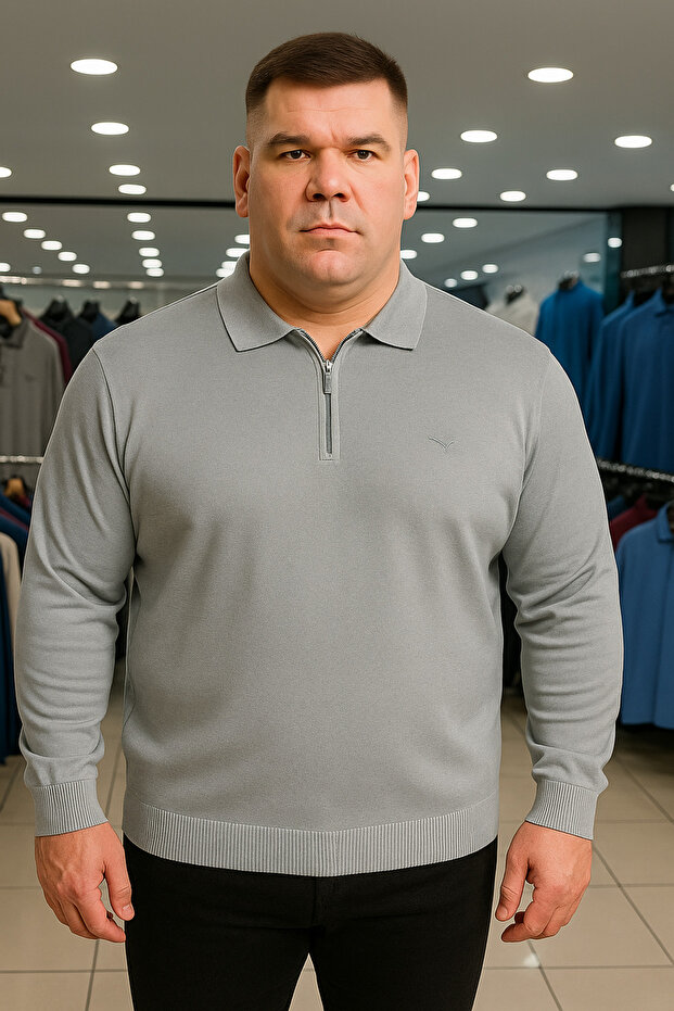 Men's Plus Size Basic Gray Zippered Sweatshirt - 1