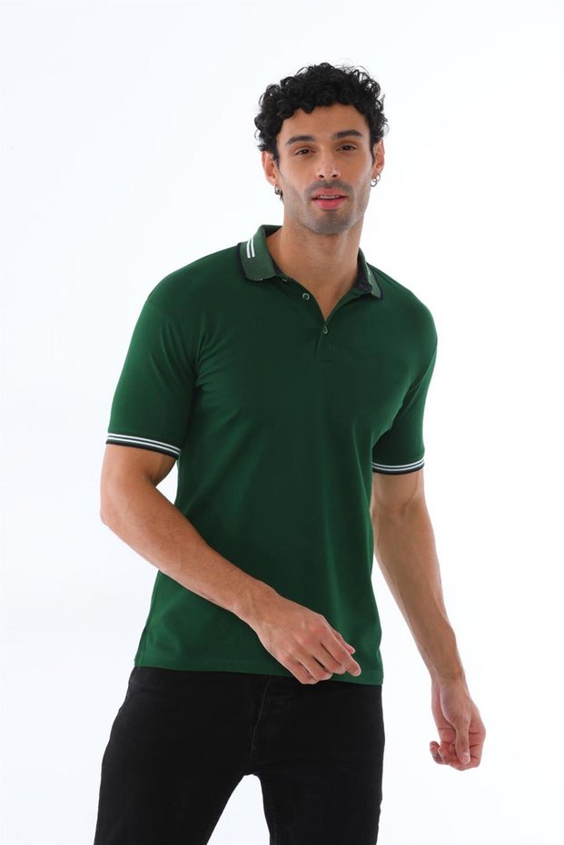 Men's Green American Pique Fabric Polo Neck Ribbed Short Sleeve T-Shirt - 134