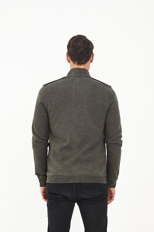 Erkek PeakLayer Fermuarlı Cepli Basic Kışlık Haki Sweatshirt - 5