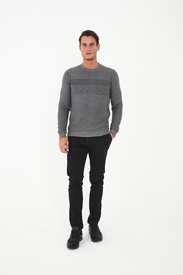 Men's Crew Neck Patterned Long Basic Sweatshirt Gray - 3