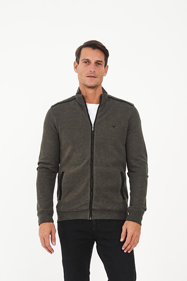 Erkek PeakLayer Fermuarlı Cepli Basic Kışlık Haki Sweatshirt - 1