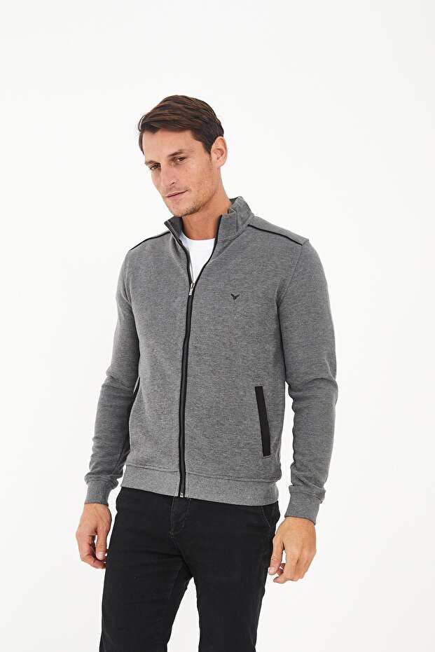 Erkek PeakLayer Fermuarlı Cepli Basic Kışlık Gri Sweatshirt - 2