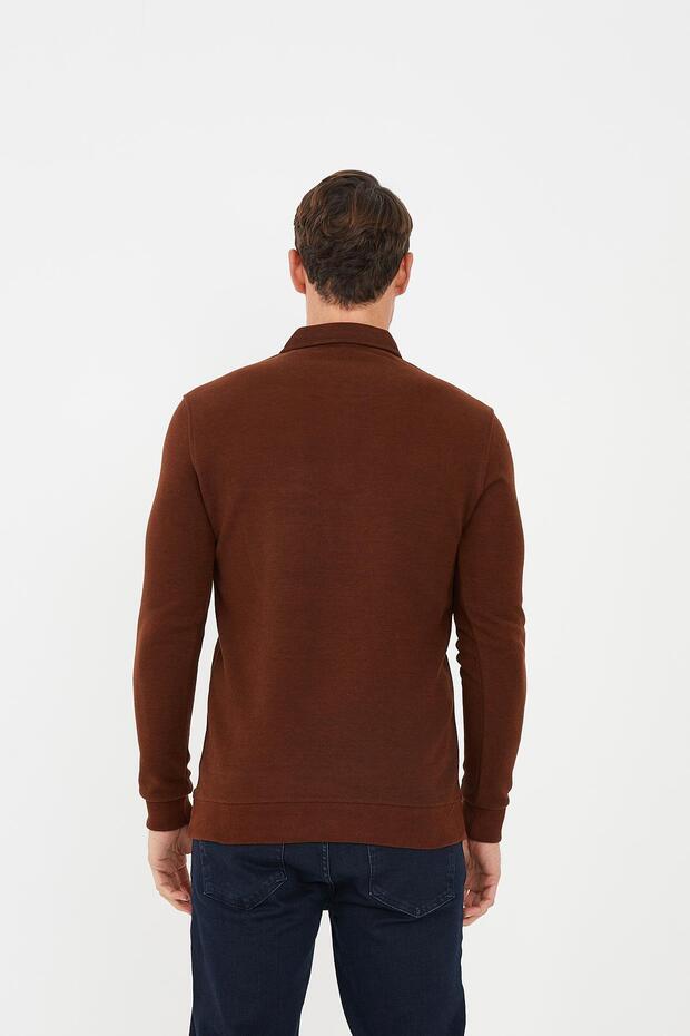 Men's Timeless Pocket Basic Long Solid Brown Polo Neck T-Shirt - 5