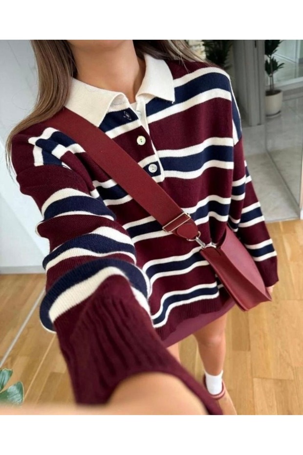 Gülce moda Kadın Kazak Düğmeli Polo Yaka Çizgili Oversize Triko Kazak