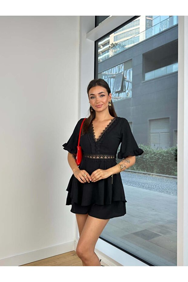 Dantel İşlemeli Şort Tulum - 1