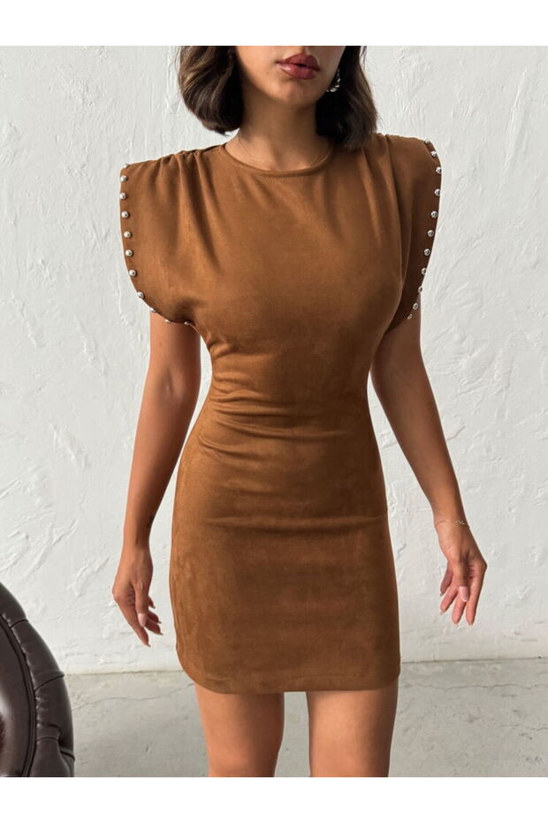 DROPLU SCUBA SÜET ELBİSE - TABA - 5