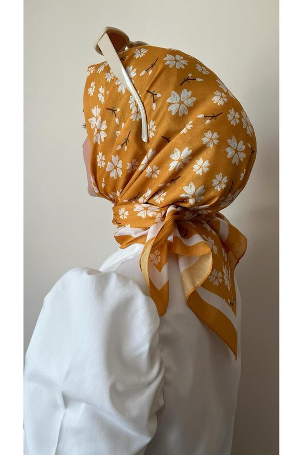 Cherry Blossom Patterned Mustard Soft Scarf - 1