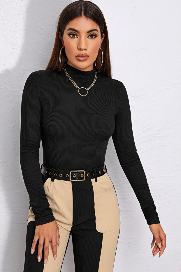 Women's Half Turtleneck Long Sleeve Ribbed Camisole Blouse Body