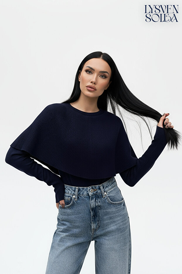 UZUN KOLLU, BİSİKLET YAKA, PANÇO DETAYLI, ÇELİK ÖRGÜ TRİKO REGULAR KALIP - 4