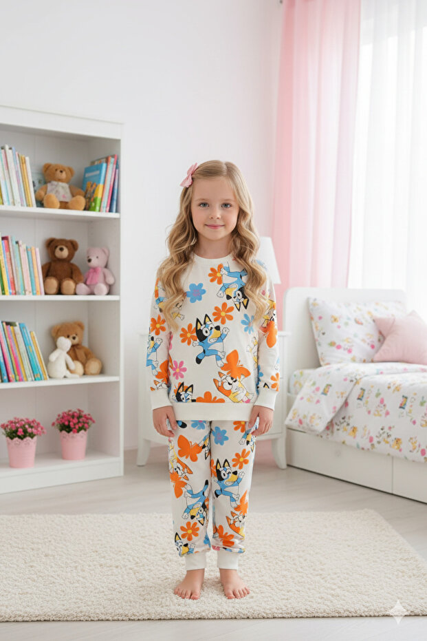 Arya Ni̇sa Ki̇ds Girls' Cotton White Bluey Patterned Long Sleeve Pajama Set
