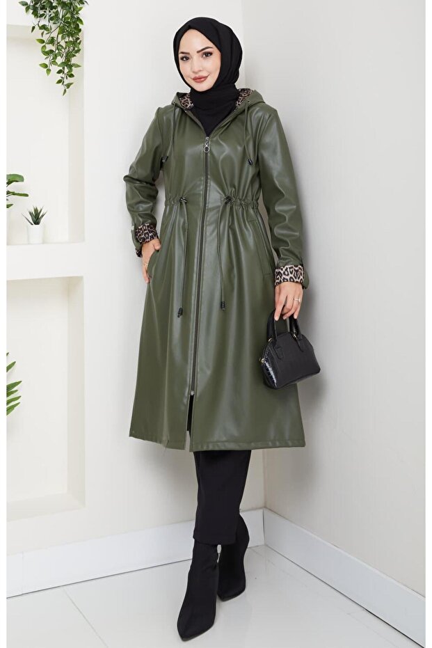 Women's Hooded Zippered Leather Black Hood