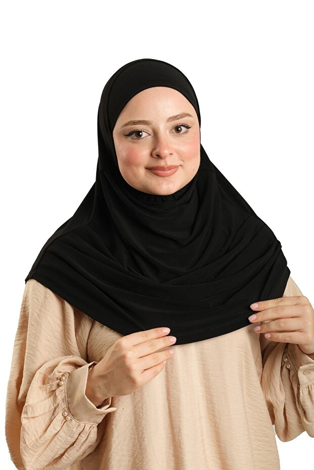 Black Practical Ready-made Interlocking Hijab Scarf Sandy Fabric with Bonnet 1290_01