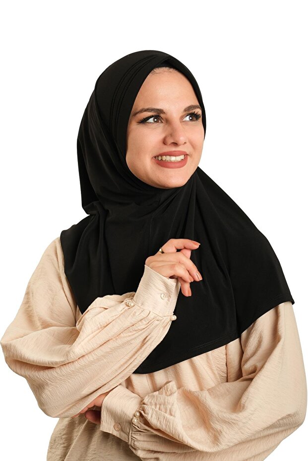 وشاح حجاب متشابك عملي أسود اللون قماش رملي سادة 1600_01