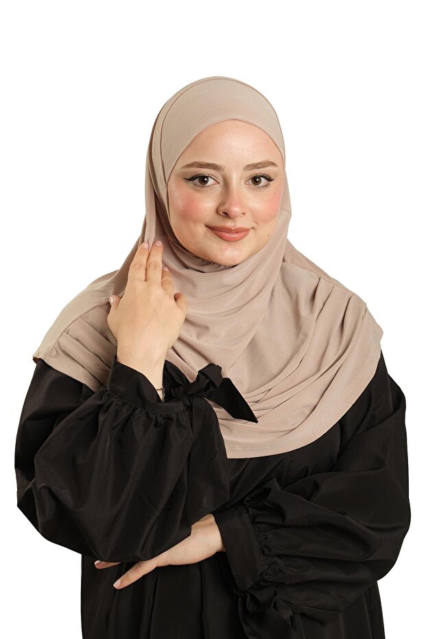 Beige Practical Ready-made Interlocking Hijab Scarf Sandy Fabric Self-Tied 1290_12