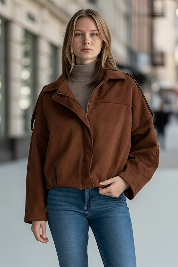 Kadın Taba Cepsiz Süet Oversize Bomber Ceket - 2