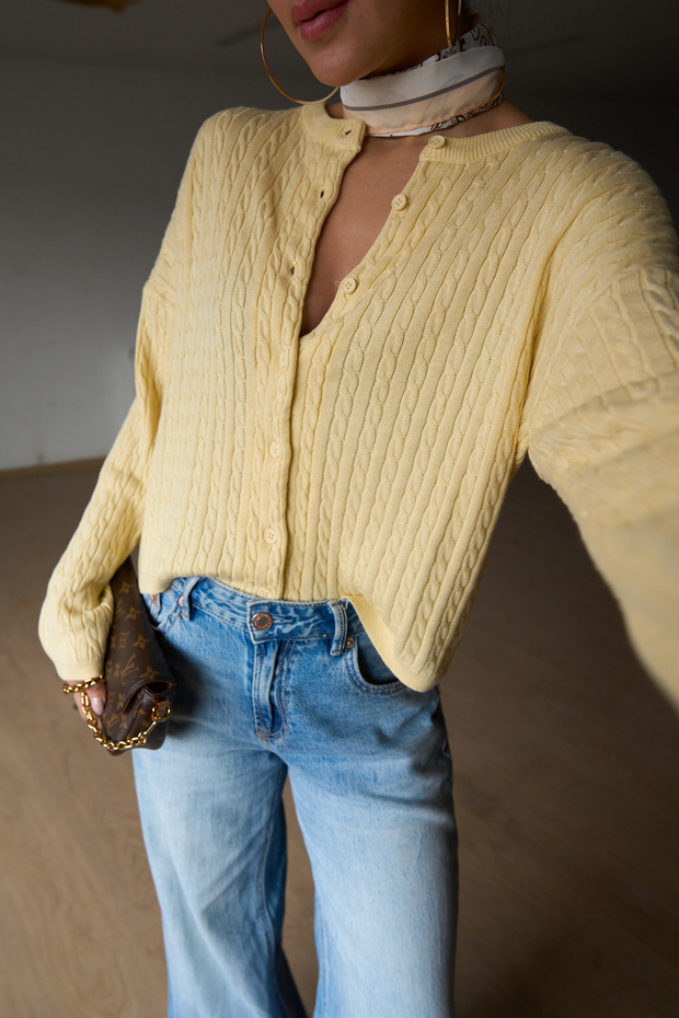 Kadın Sarı Bisiklet Yaka Saç Örgü Dokulu Basic Hırka - 6