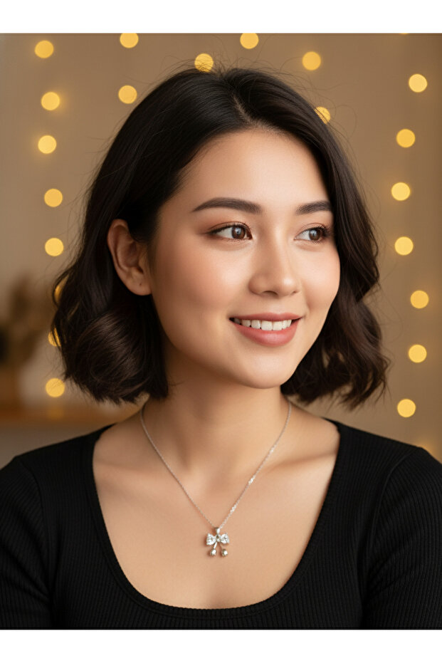 Silver Color Steel Necklace with Stone Bow and Rose Pendant