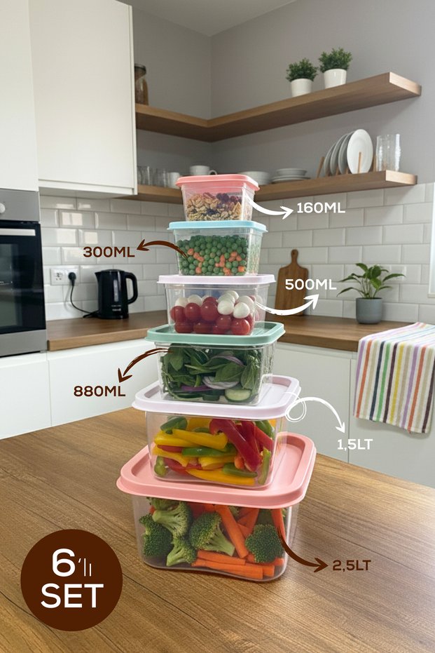 Set of 6 Square Storage Containers with Colored Lids – Kitchen Storage Box