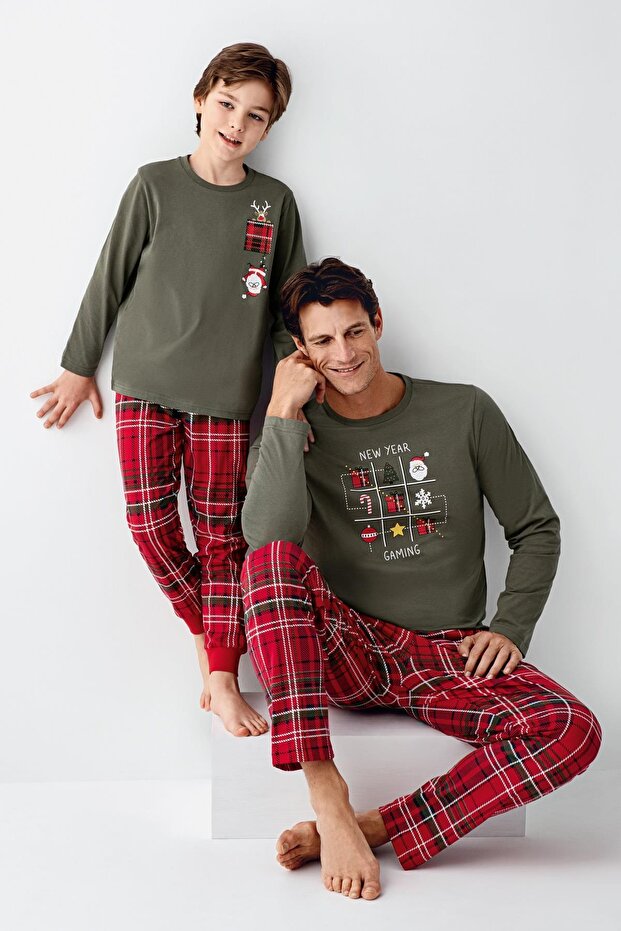 Erkek Aile %100 Pamuk 4 Mevsim New Year Uzun Kollu Pijama Takım - 3