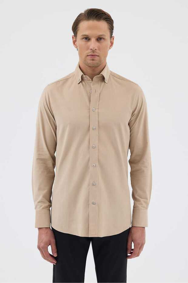 Velvet Collar Buttoned 100% Cotton Comfort Fit Beige Men's Shirt