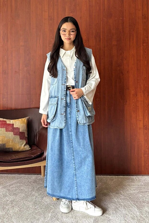 Buz Mavi Kot Tek Düğmeli Etek - 3